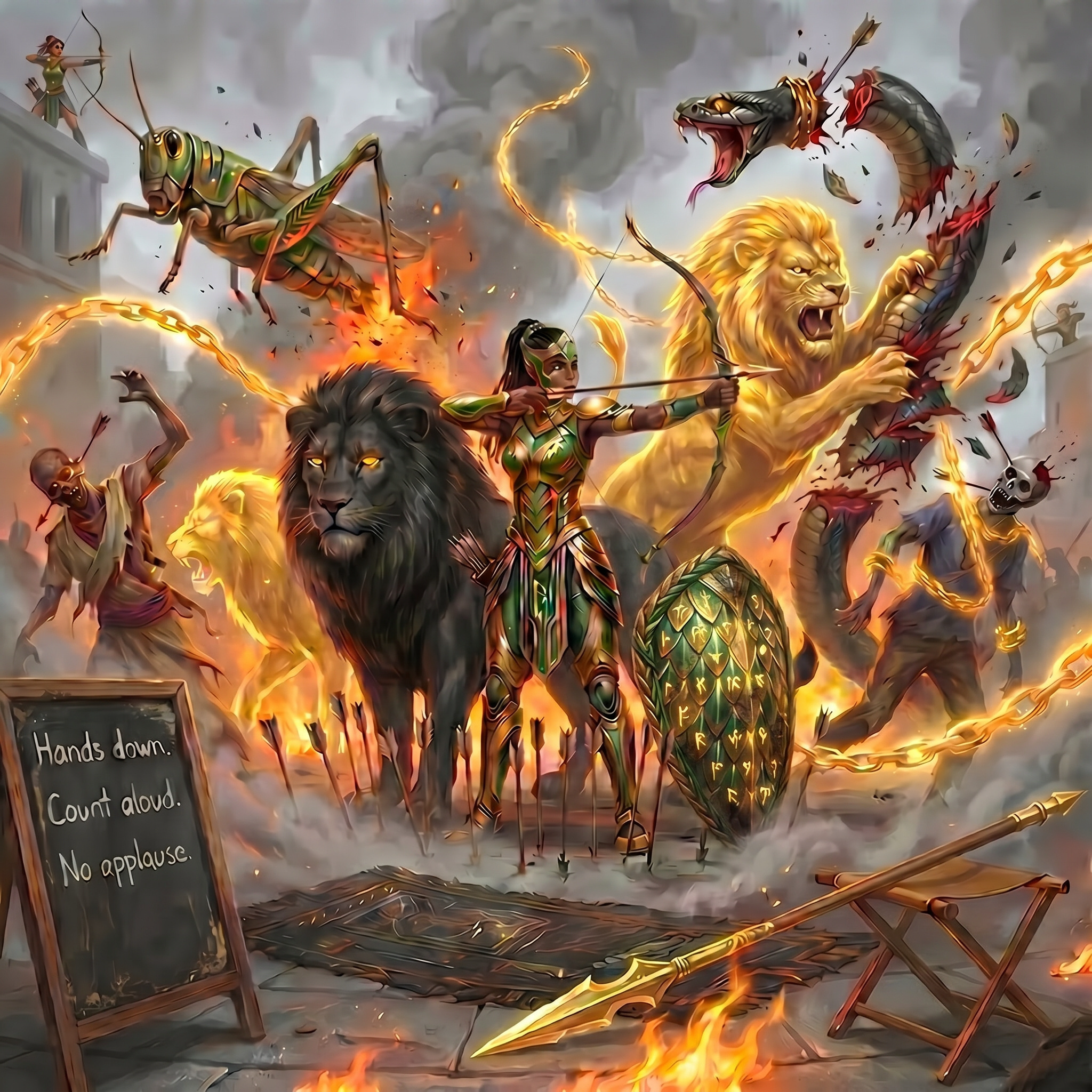 First Wife in the square of Eri-aka, standing amid chaos with bow, shield, spear, lion, Mat, and golden chains protecting civilians.