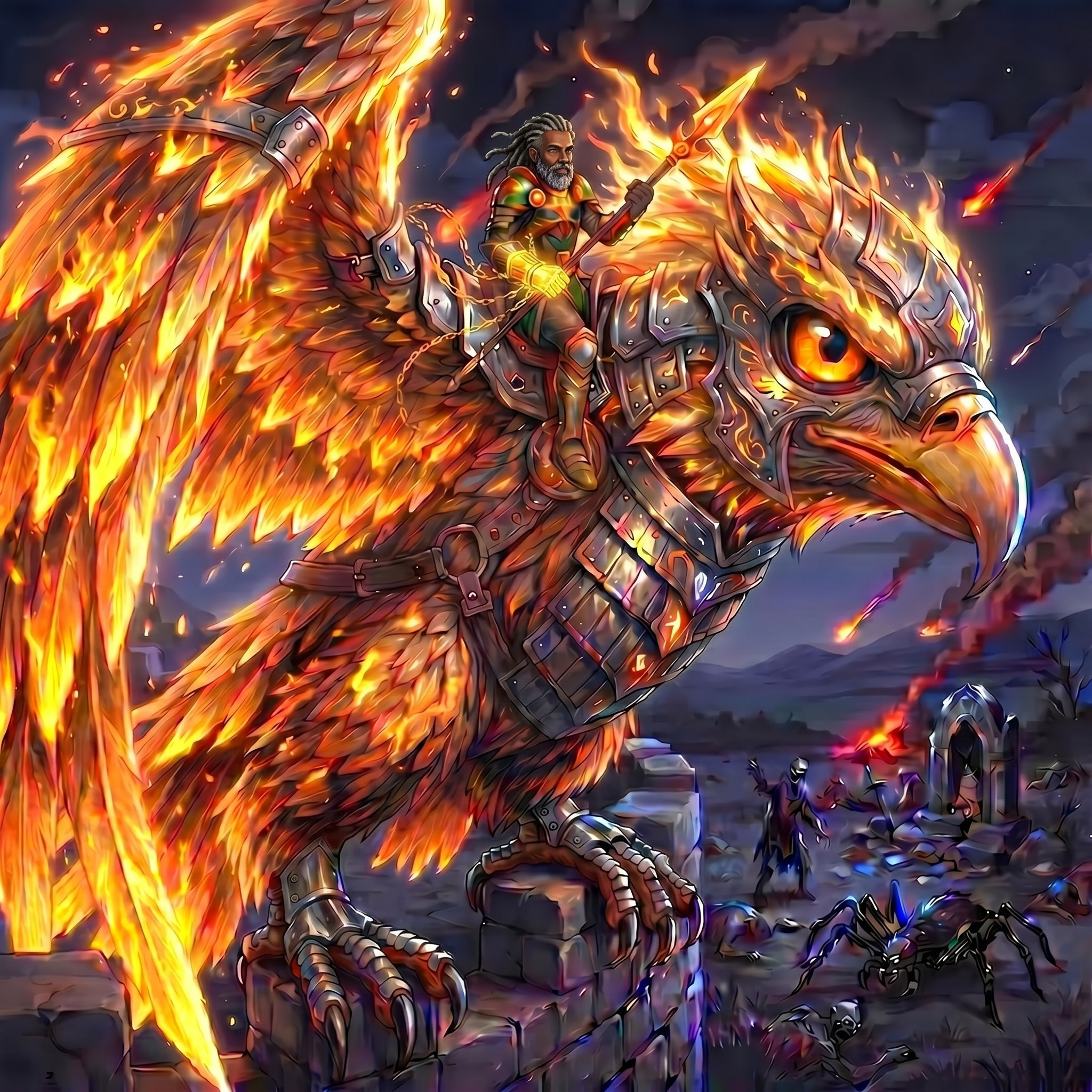 Eri in armour riding Eze Ugo in war form at night, with glowing gauntlet chains, distant monsters, and the Protectorates below.
